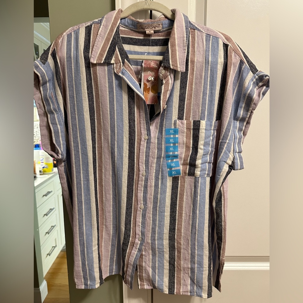 Casual Striped Button-Down Shirt in Blue, Pink & Cream - XL